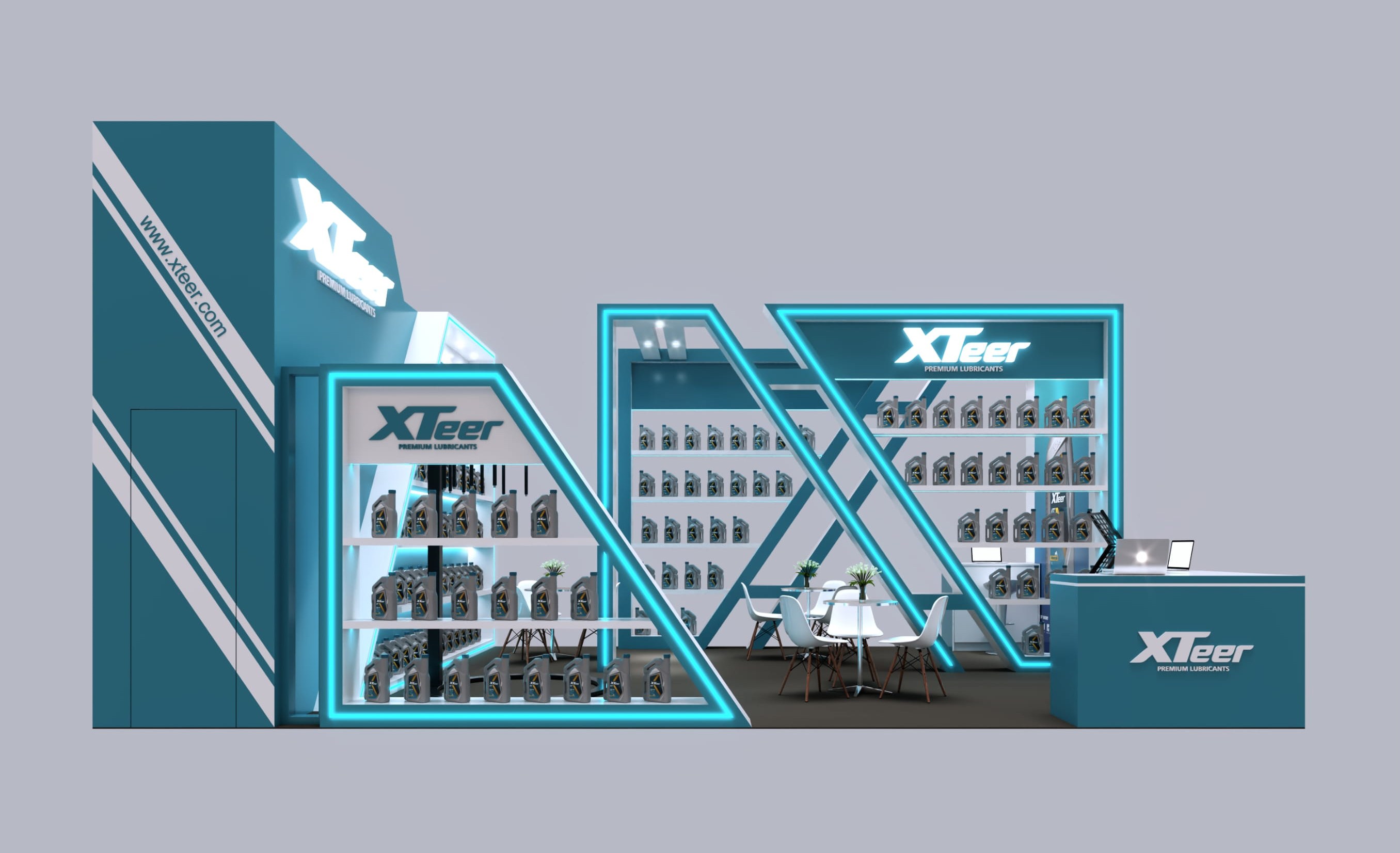 Design render of a 15×30 corner trade show booth: corner booth with illuminated shelf walls and x-frame arches