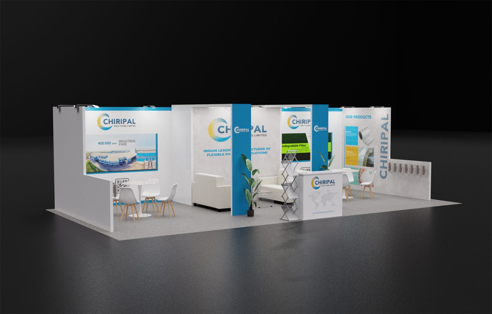 15×30 Inline Booth With Sofa Lounge and Product Sample Wall