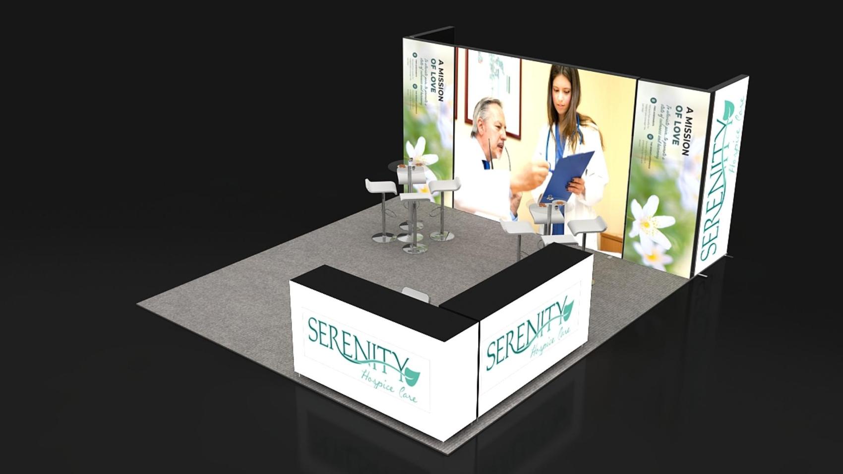 16×20 Inline Booth Booth With Backlit Wall and L-Shaped Counter