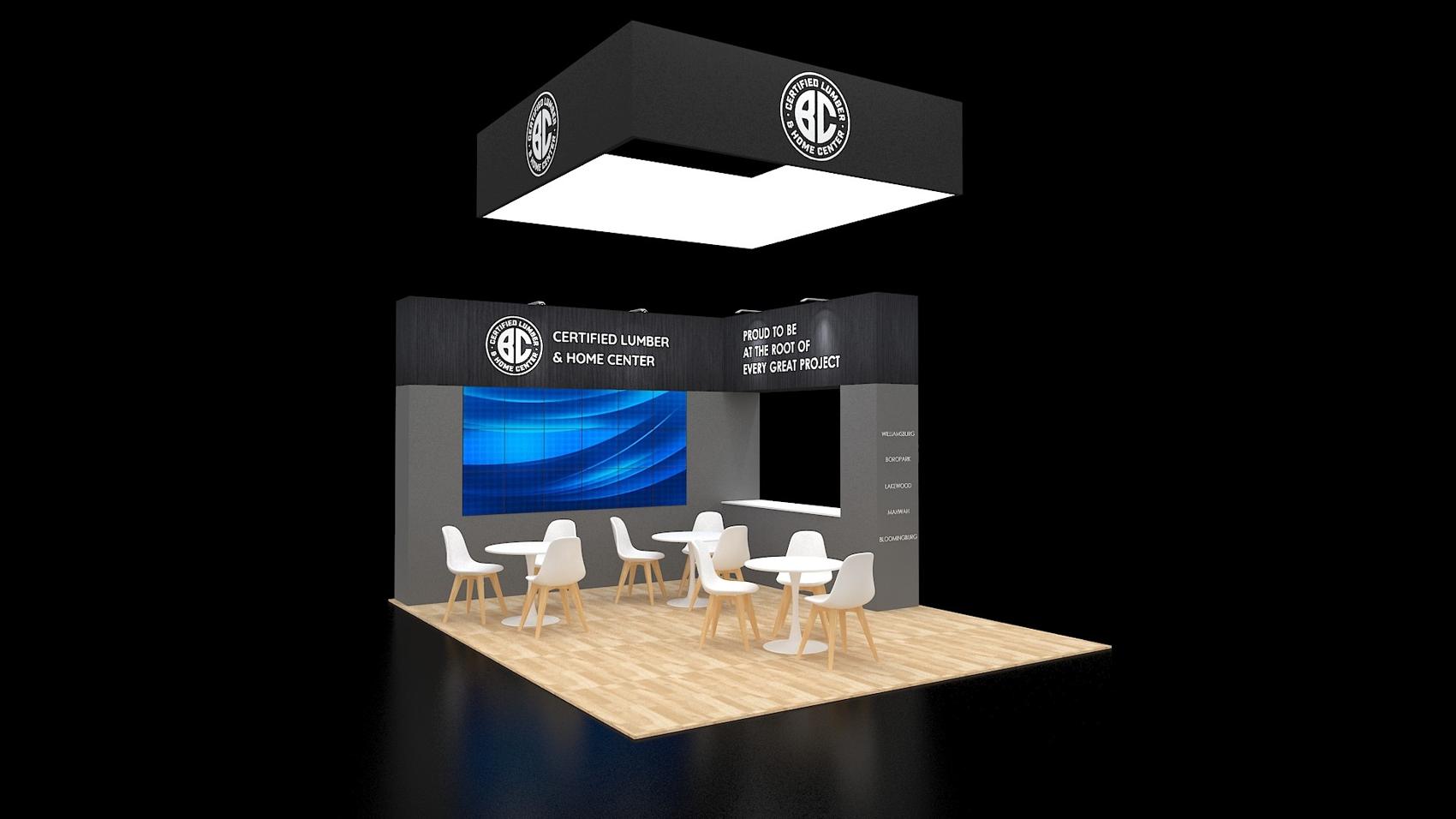 16×20 Peninsula Booth With Video Wall and Seating