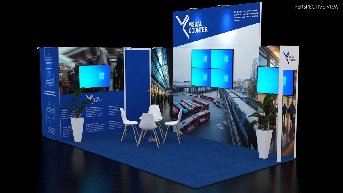 Design render of a 10×20 corner trade show booth: corner booth with 2x2 video wall and printed storage tower