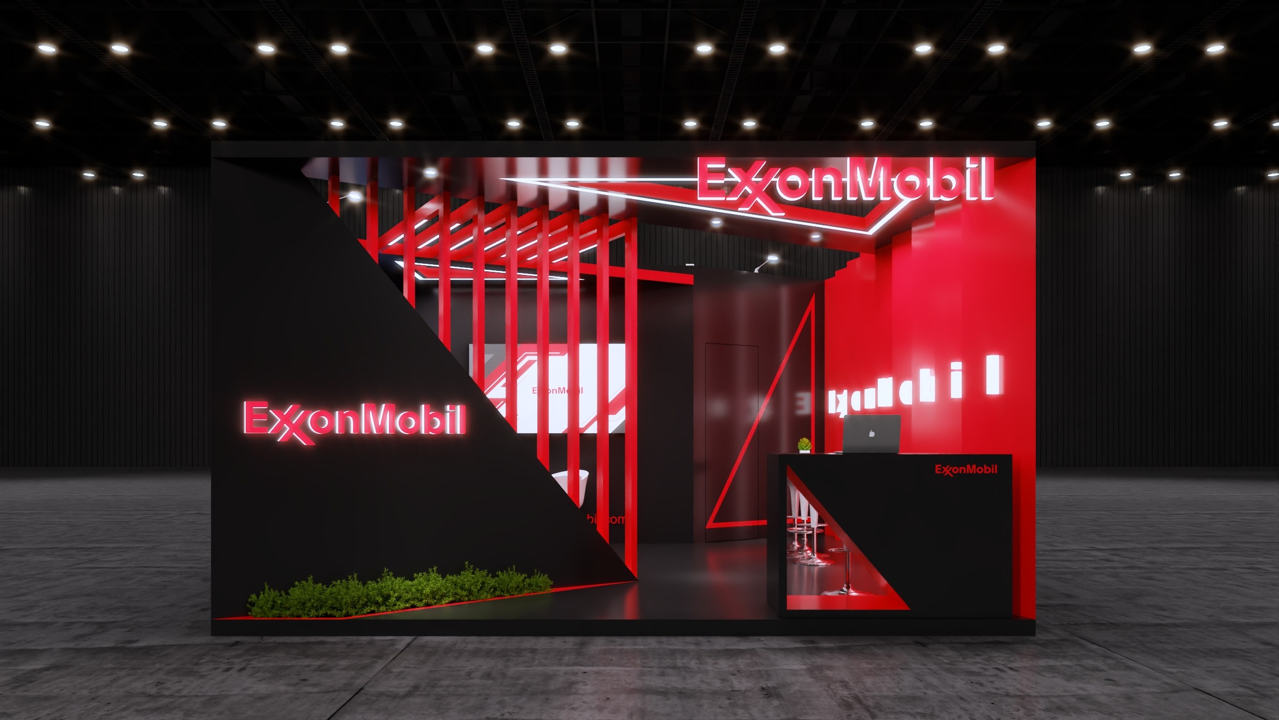 Design render of a 20×20 corner trade show booth: corner booth with angled red fins and illuminated header