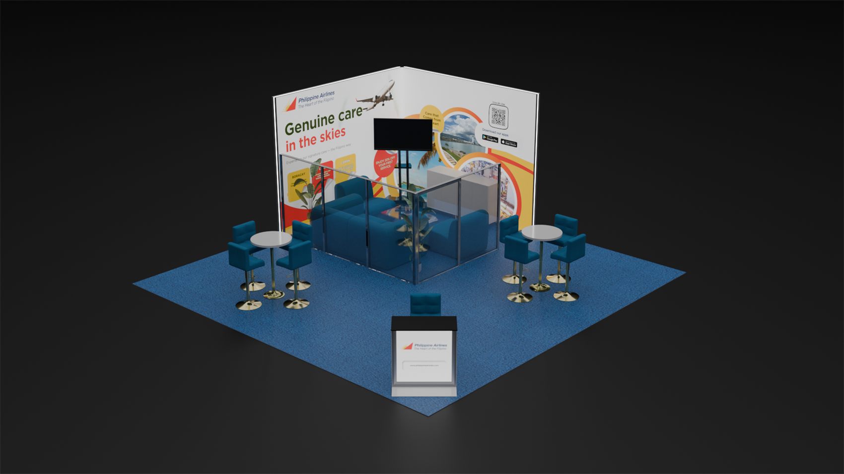 20×20 Corner Booth With Glass-Walled Lounge and L-Shaped Graphic Wall