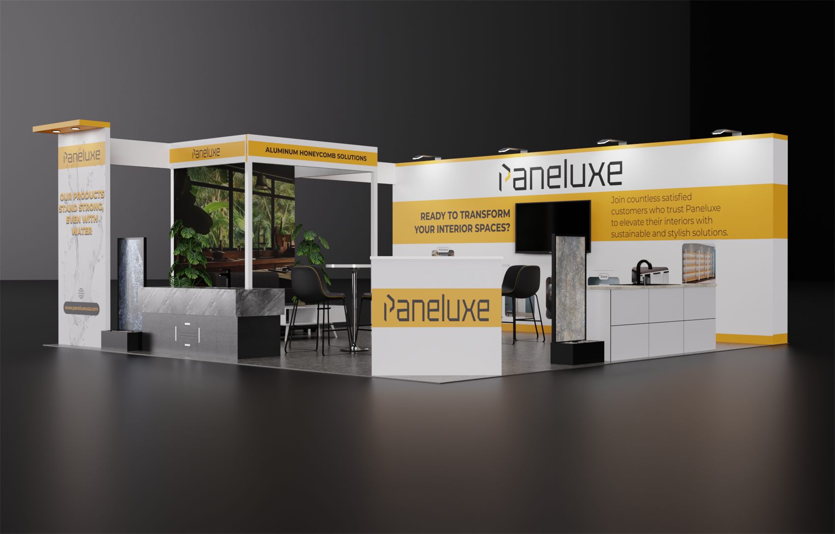 20×20 Corner Booth With Kitchen Display Area and Lit Tower