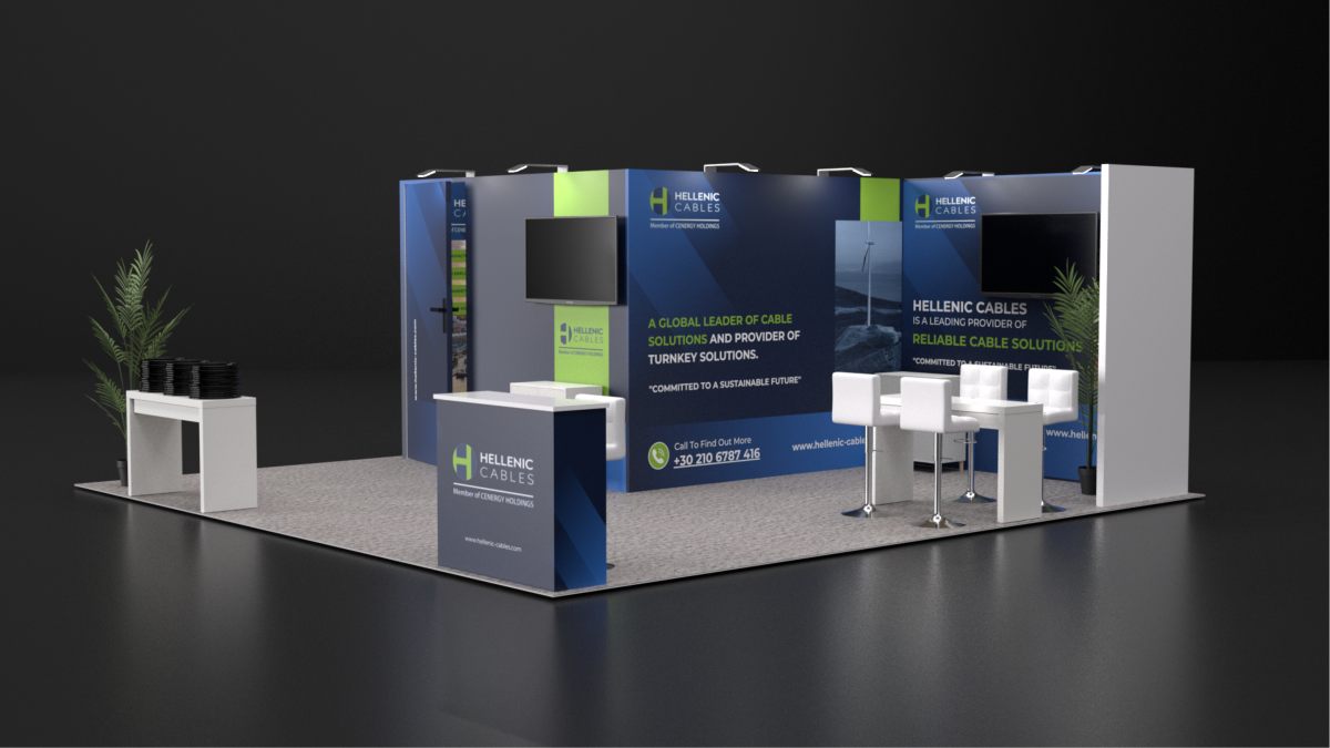 Design render of a 20×20 corner trade show booth: corner booth with meeting room and dual screens
