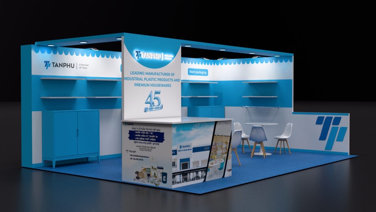 Design render of a 20×20 corner trade show booth: corner booth with overhead frame and display shelves