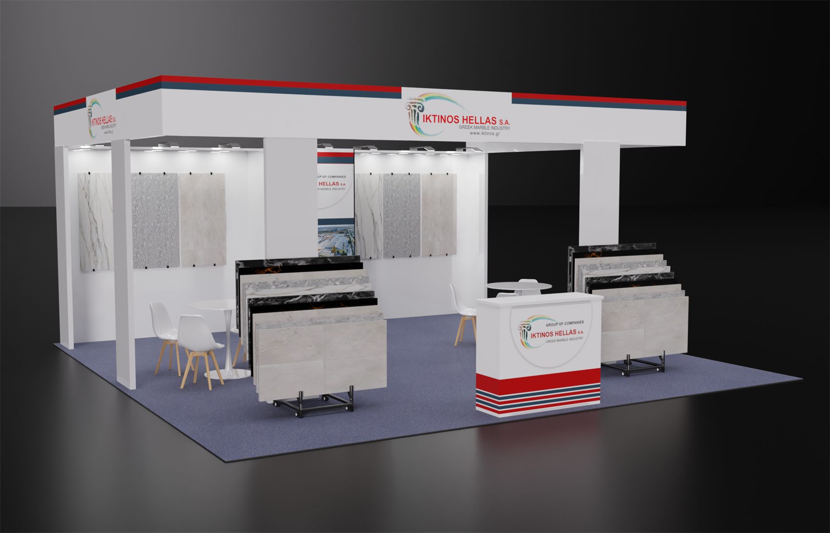 20×20 Corner Booth With Overhead Header Frame and Slab Display Racks