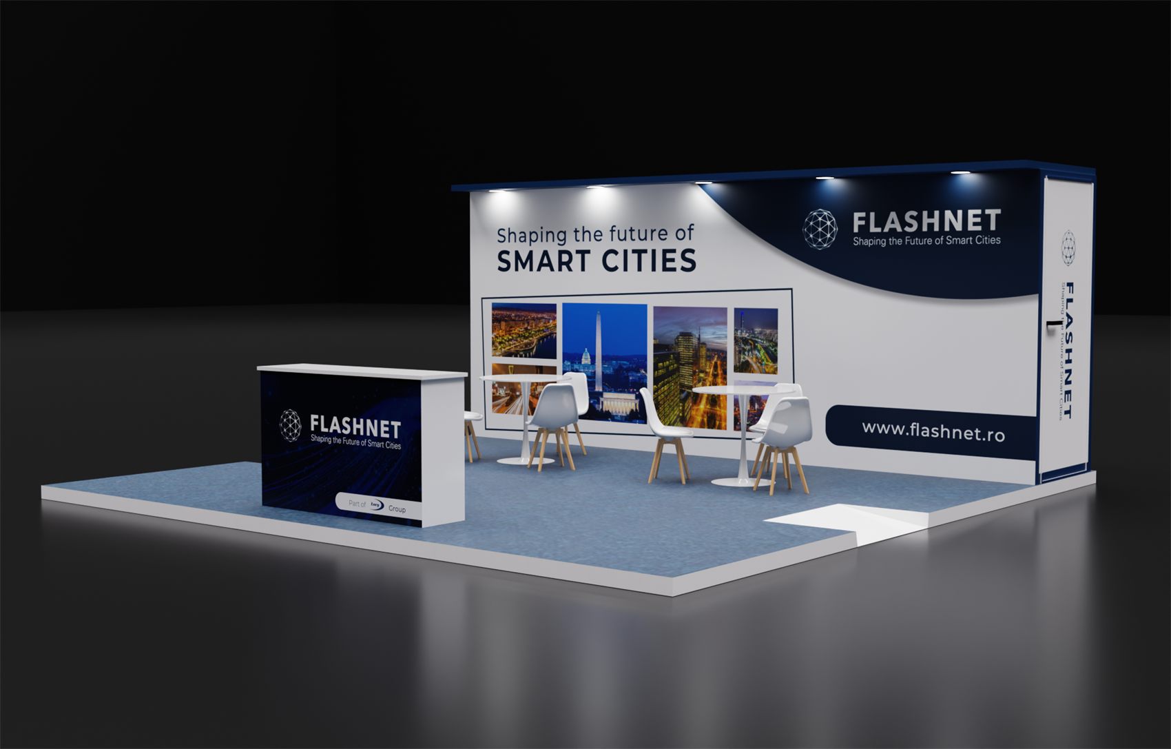 20×20 Corner Booth With Raised Platform Floor and Overhead Lit Header