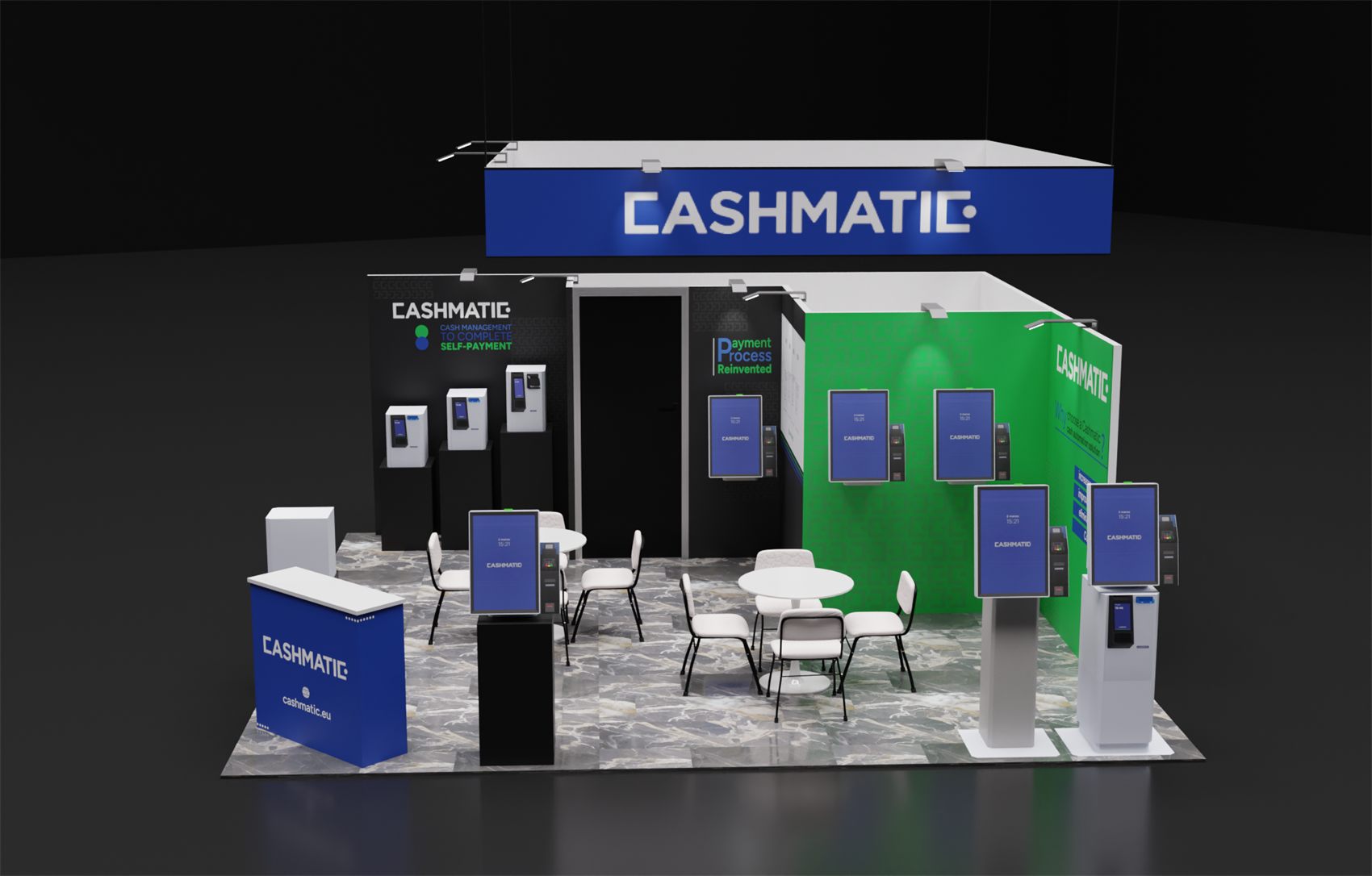 20×20 Corner Booth With Rectangle Hanging Sign and Storage Room