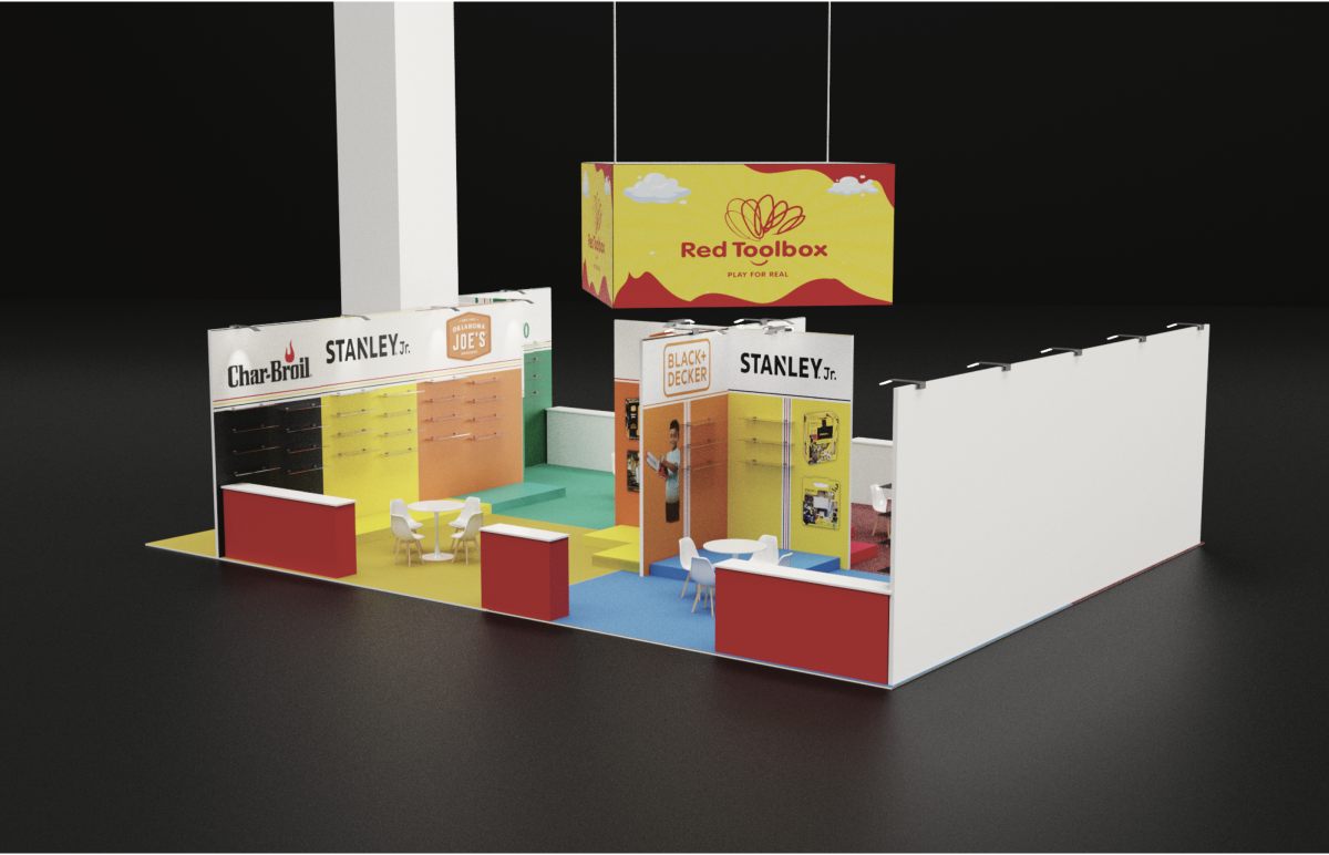 Design render of a 20×30 corner trade show booth: corner booth with rectangular hanging sign and colorful raised platforms