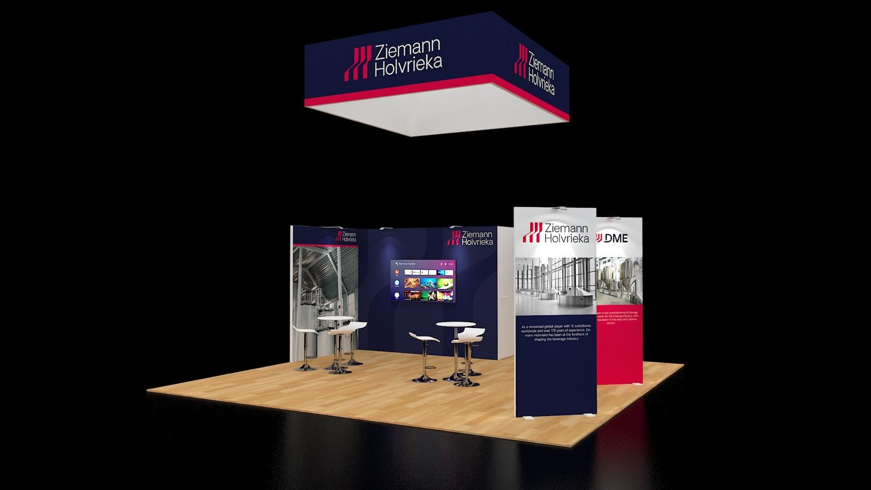 20×20 Corner Booth With Square Hanging Sign