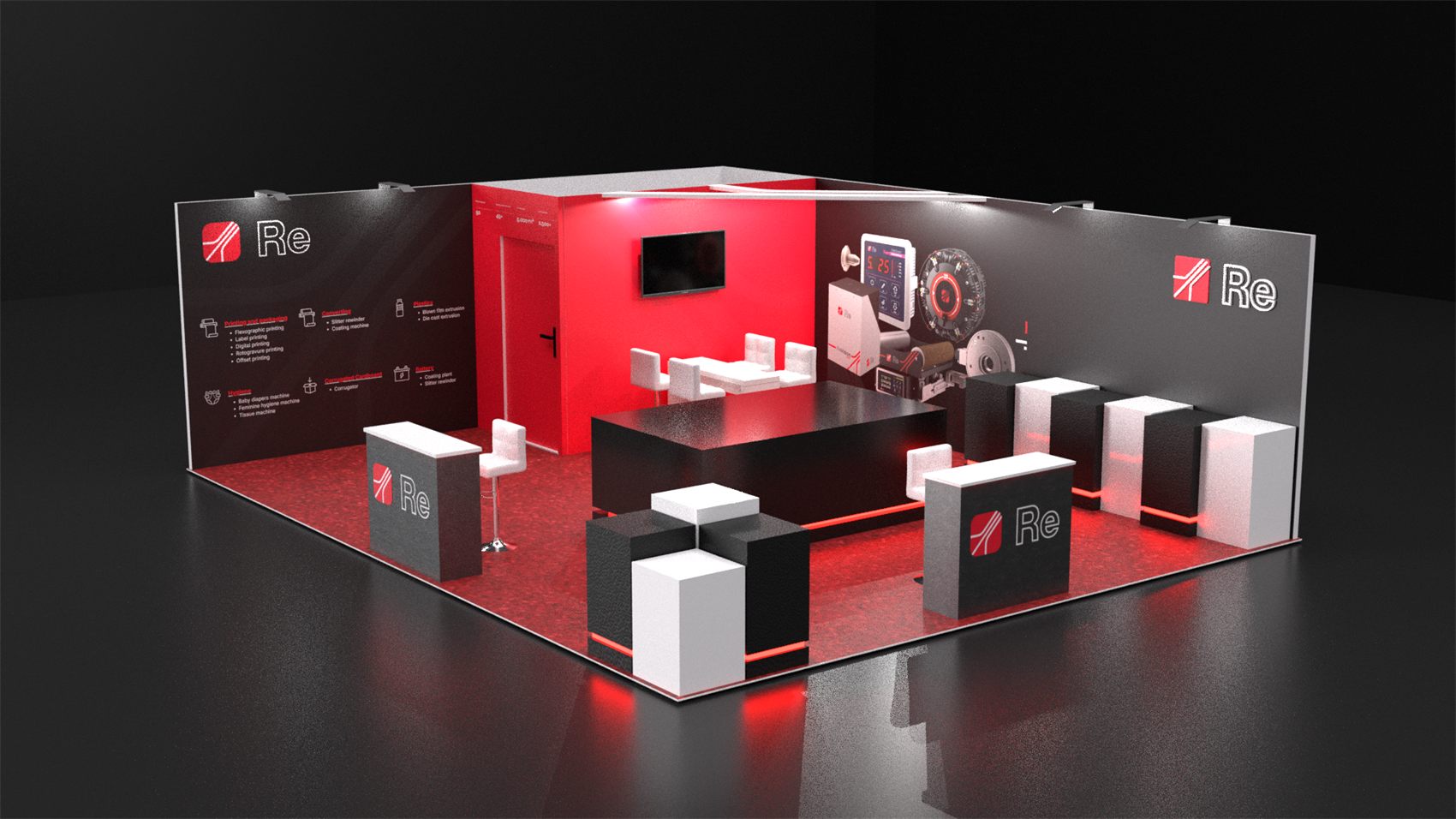 20×20 Corner Booth With Storage Room and LED-Lit Display Plinths