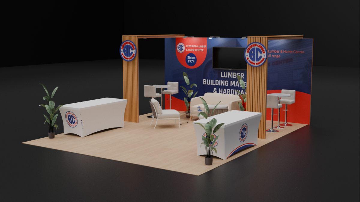 Design render of a 20×20 corner trade show booth: corner booth with wood-slat arches and lounge
