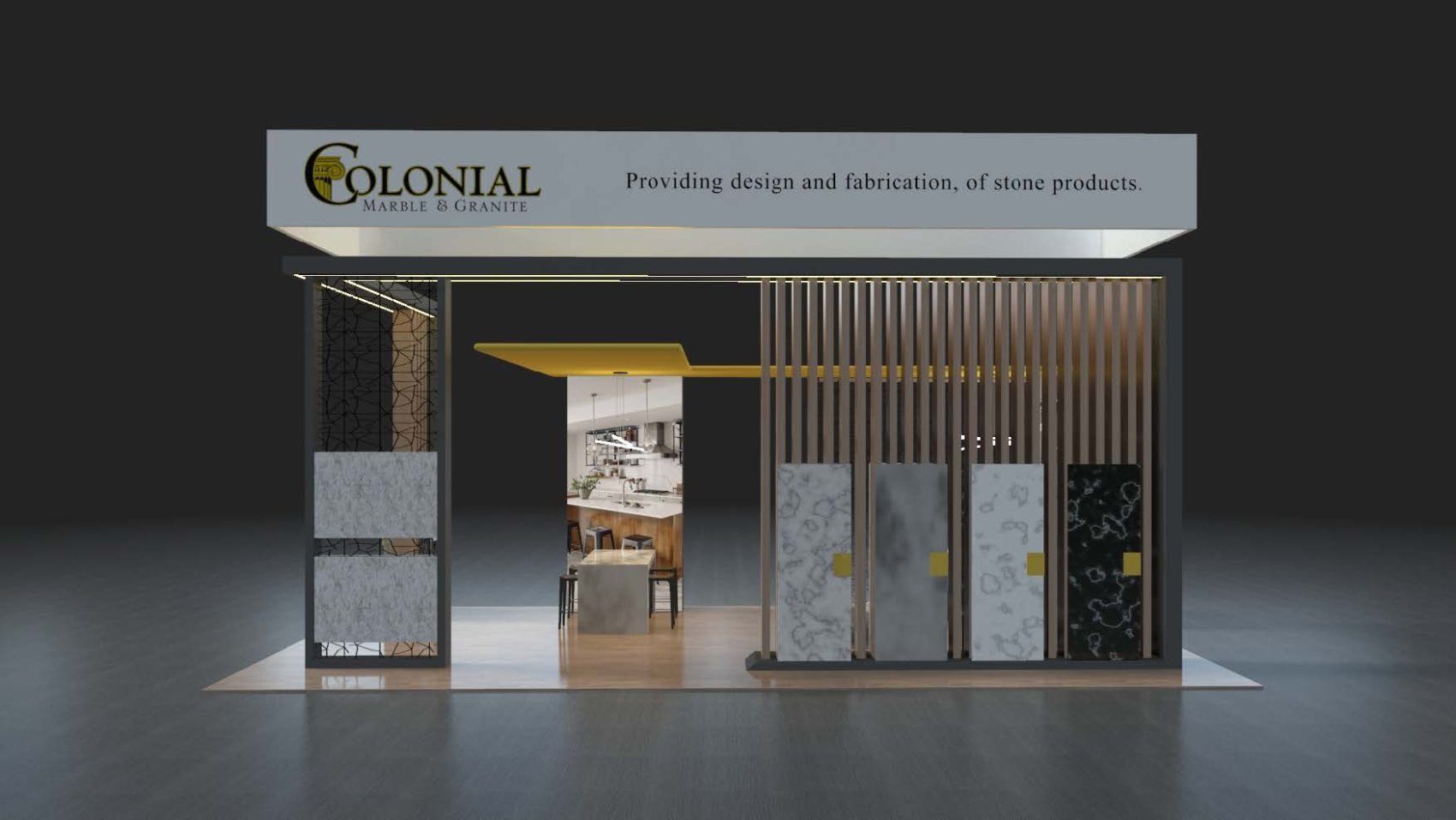 Design render of a 20×20 inline trade show booth: inline booth with rectangular header sign and slab display wall