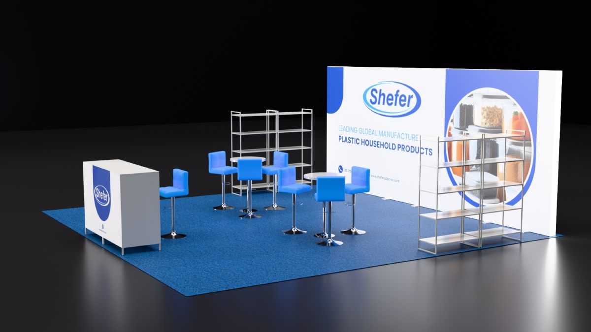 Design render of a 20×20 inline trade show booth: inline booth with shelving units and bar seating