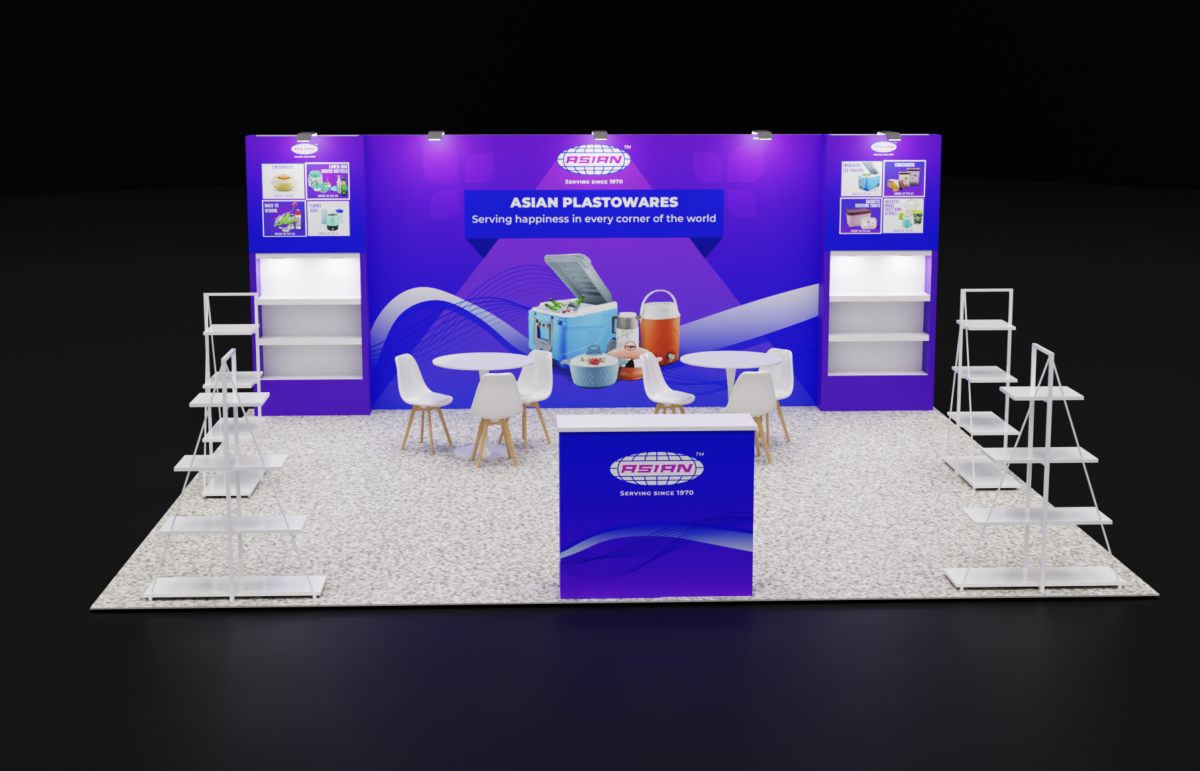 Design render of a 20×20 inline trade show booth: inline booth with two lit shelf towers and open display racks