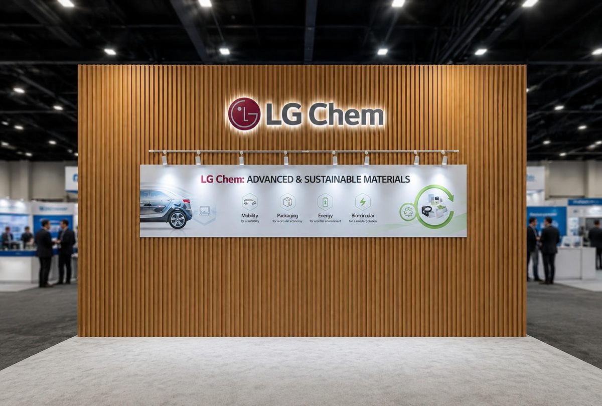 Design render of a 10×20 inline trade show booth: inline booth with wood slat wall and backlit logo