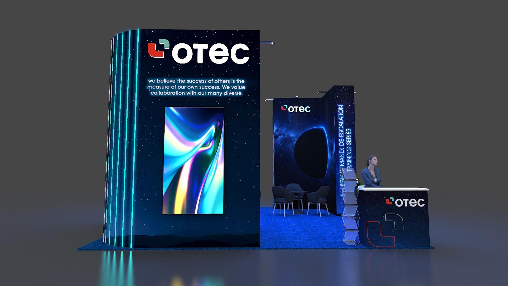 20×20 Island Booth Booth With LED-Lit Tower and Meeting Nook