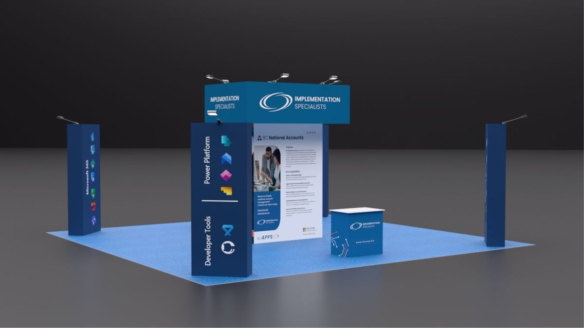 Design render of a 20×20 island trade show booth: island booth with center sign tower and four banner pylons