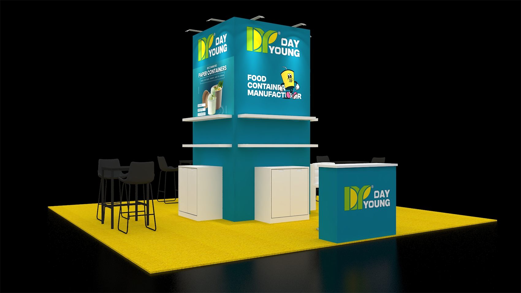 20×20 Island Booth With Central Graphic Tower and Storage Cabinets