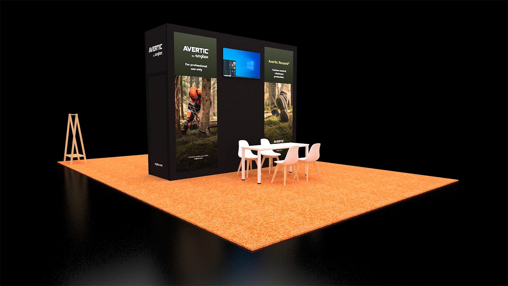 20×20 Island Booth With Central Graphic Wall and Meeting Table