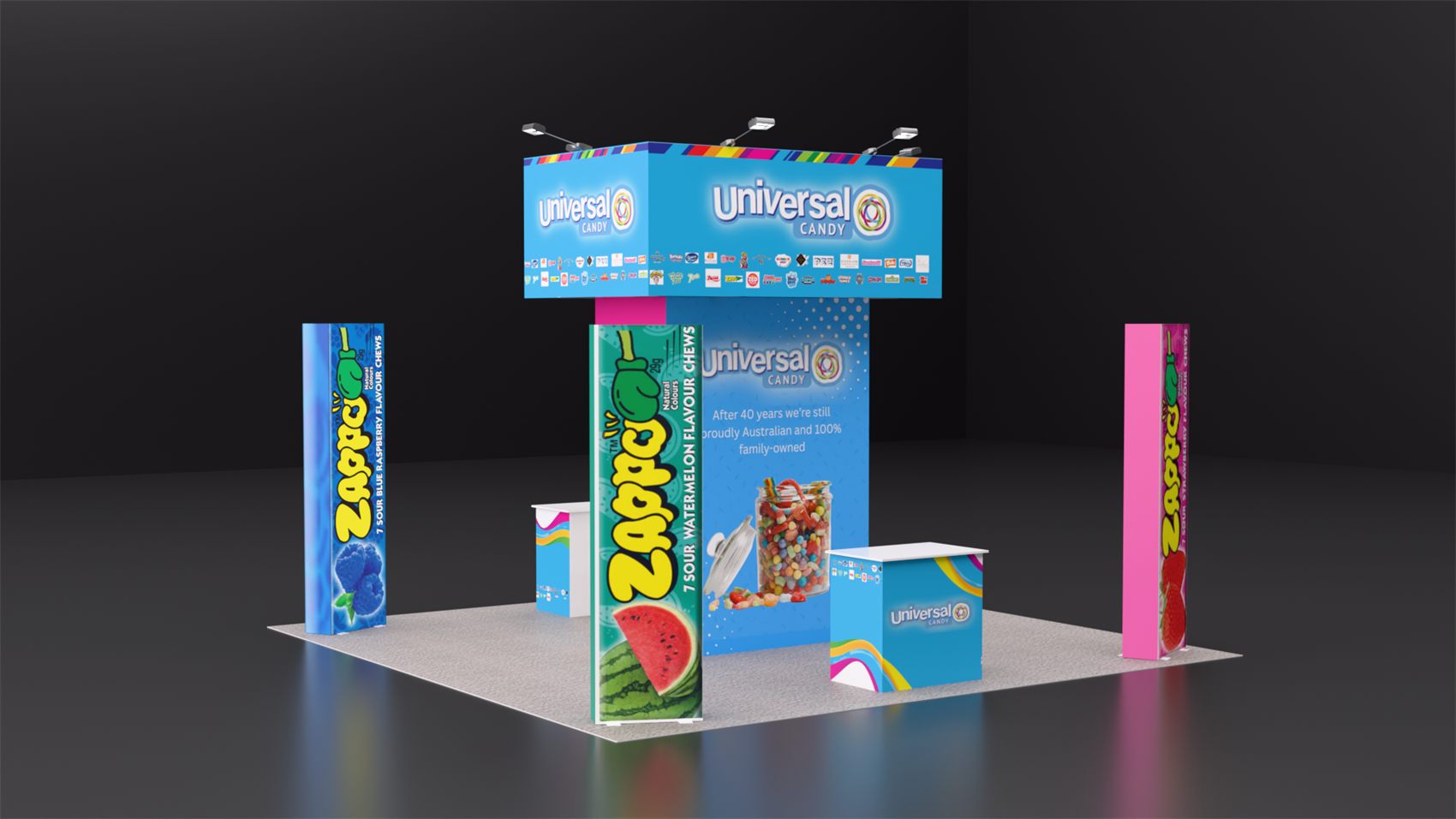 20×20 Island Booth With Central Header Wall and Three Graphic Towers
