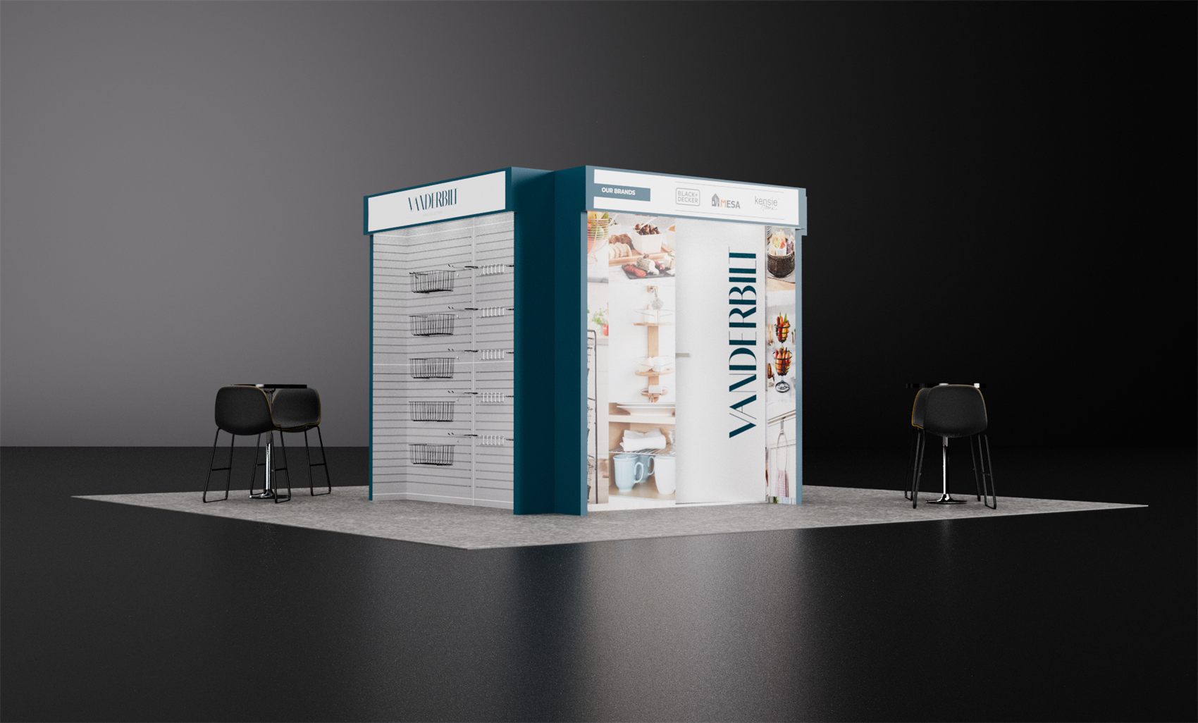20×20 Island Booth With Central Storage Cube and Slatwall Basket Display