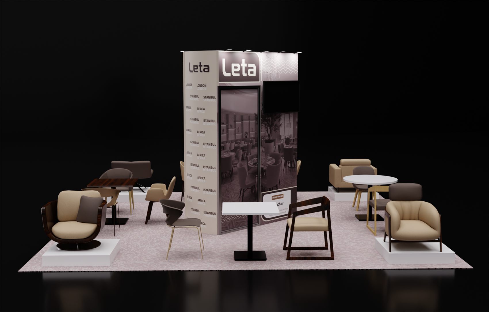 20×20 Island Booth With Central Storage Tower and Furniture Display Plinths
