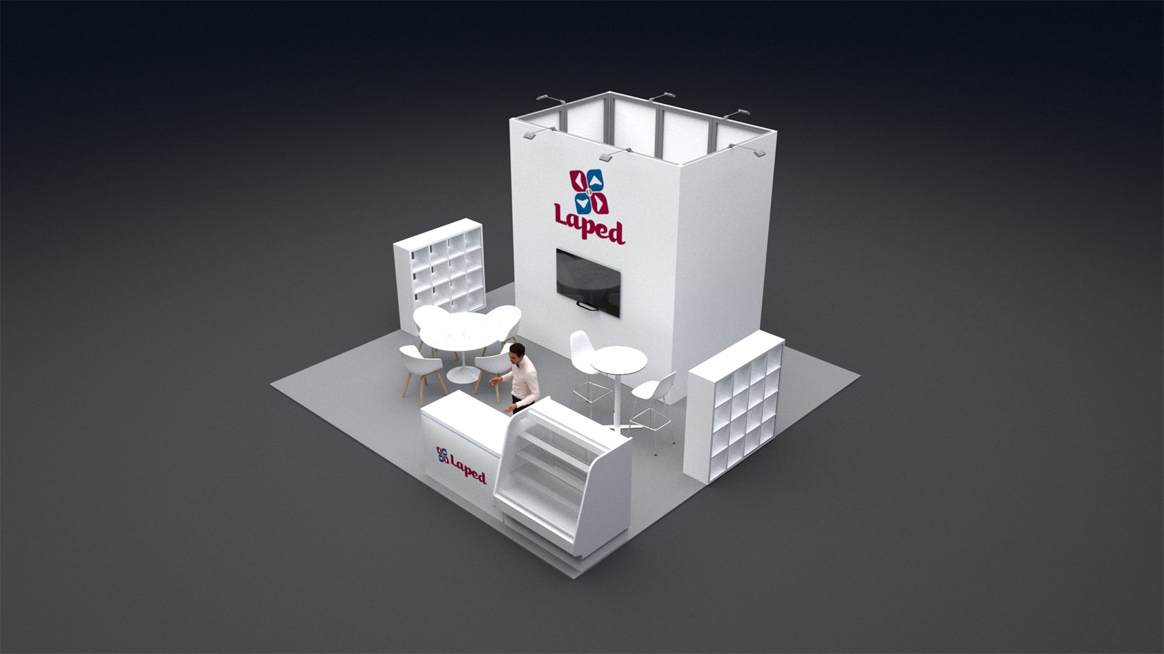 20×20 Island Booth With Central Storage Tower and Refrigerated Display Counter