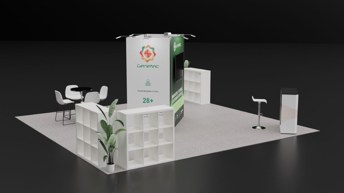 Design render of a 20×20 island trade show booth: island booth with central tower and cube shelving