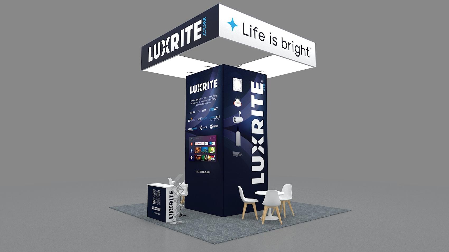 20×20 Island Booth With Central Tower and Hanging Sign