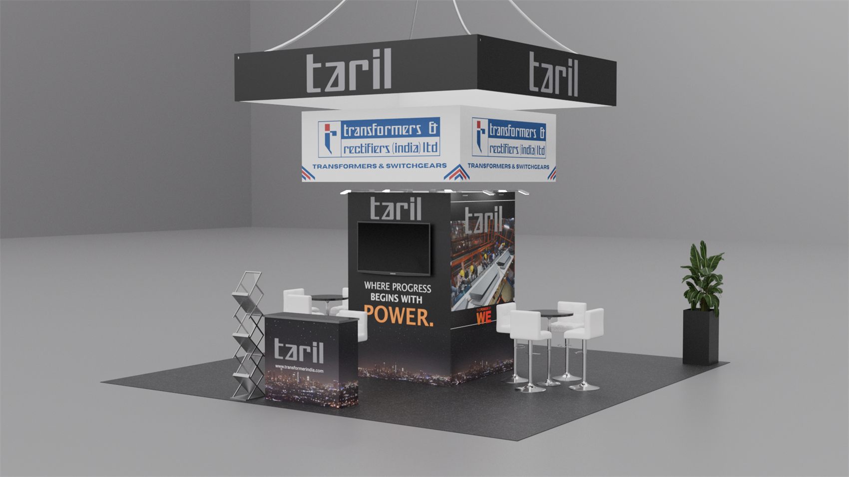 20×20 Island Booth With Central Tower and Two-Tier Square Hanging Sign