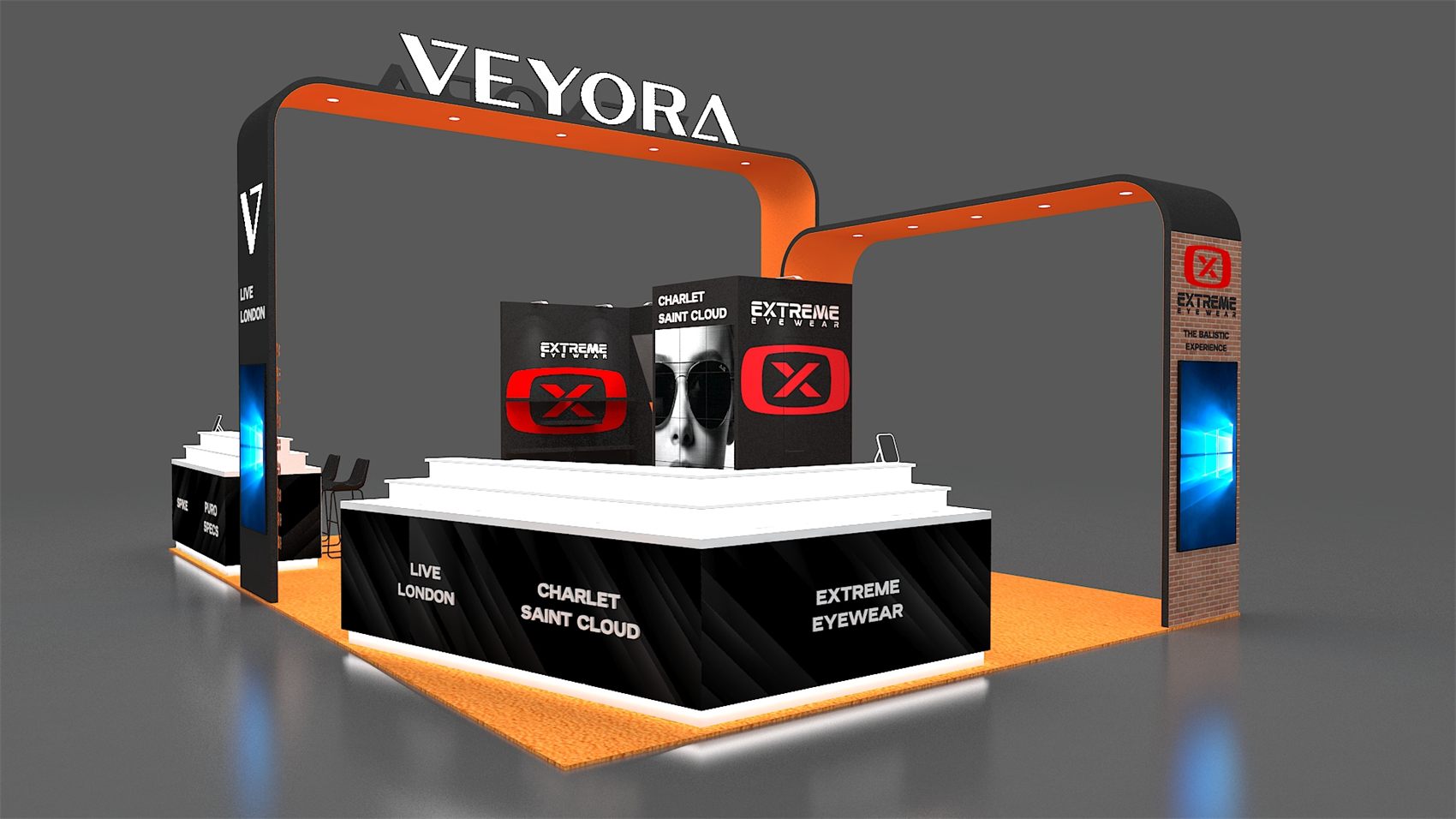 20×20 Island Booth With Curved Arch Headers and Tiered Display Counters