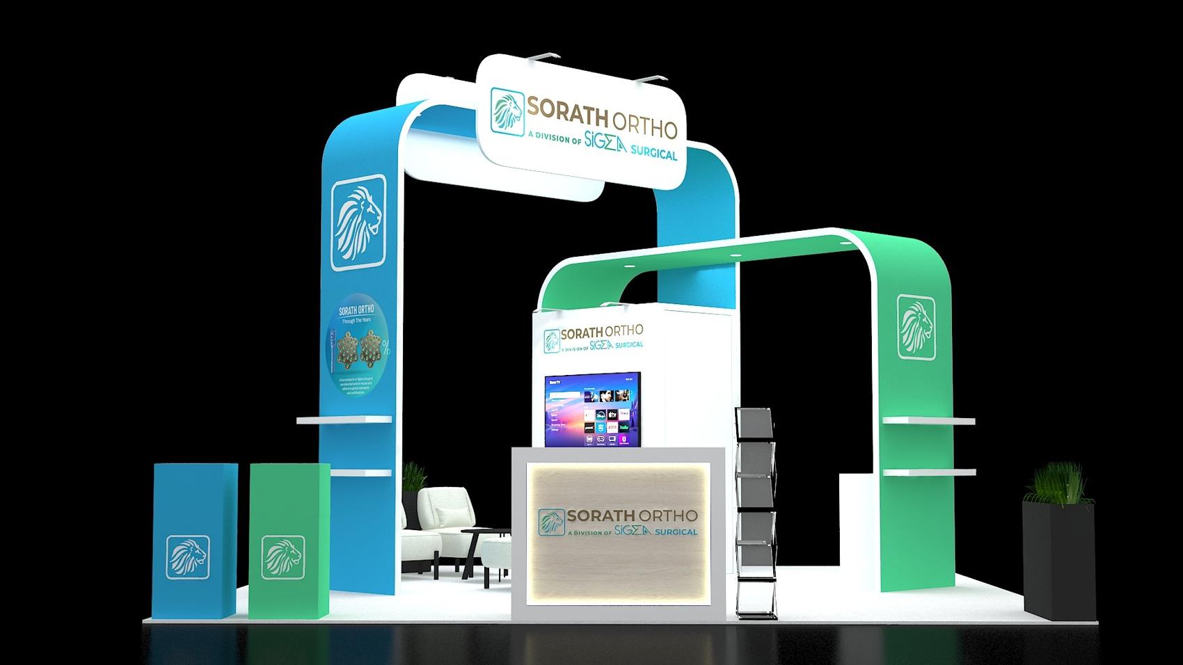 20×20 Island Booth With Curved Arches and Lounge