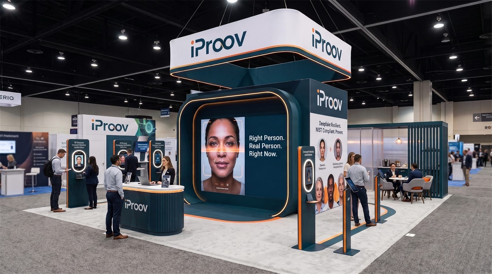 Design render of a 20×20 island trade show booth: island booth with curved screen wall and hanging sign