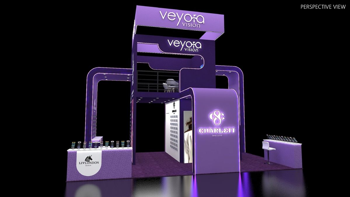 Design render of a 20×20 island trade show booth: island booth with double-deck lounge and illuminated arches