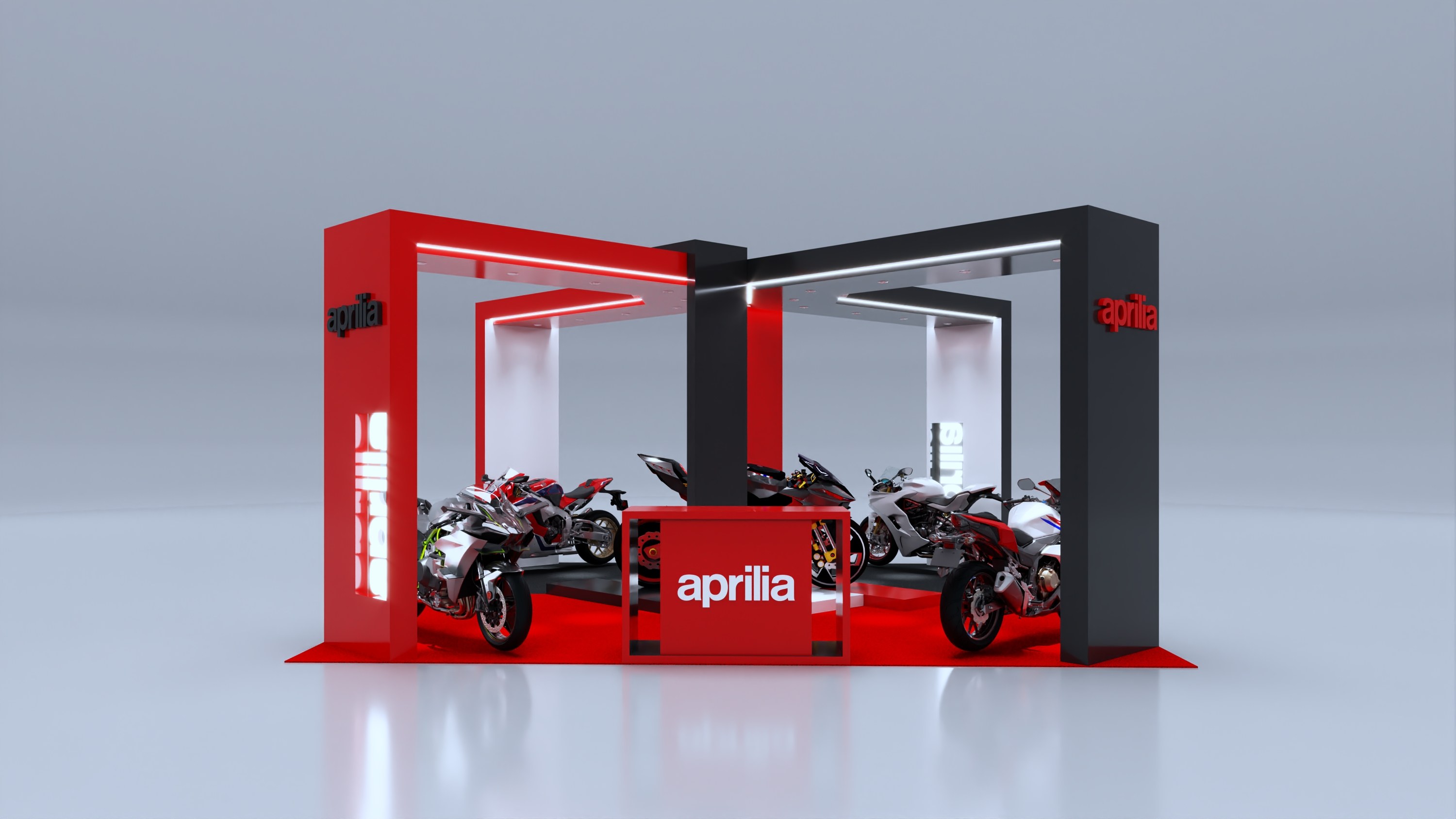 Design render of a 20×20 island trade show booth: island booth with four portal arches and raised display plinth