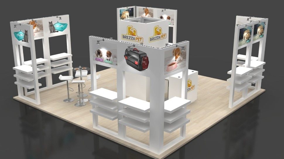 Design render of a 20×20 island trade show booth: island booth with four shelving frames and square header