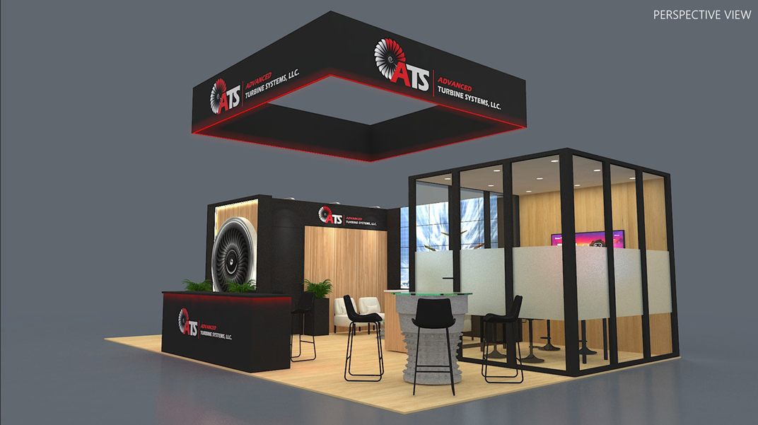 Design render of a 20×20 island trade show booth: island booth with glass meeting room and video wall