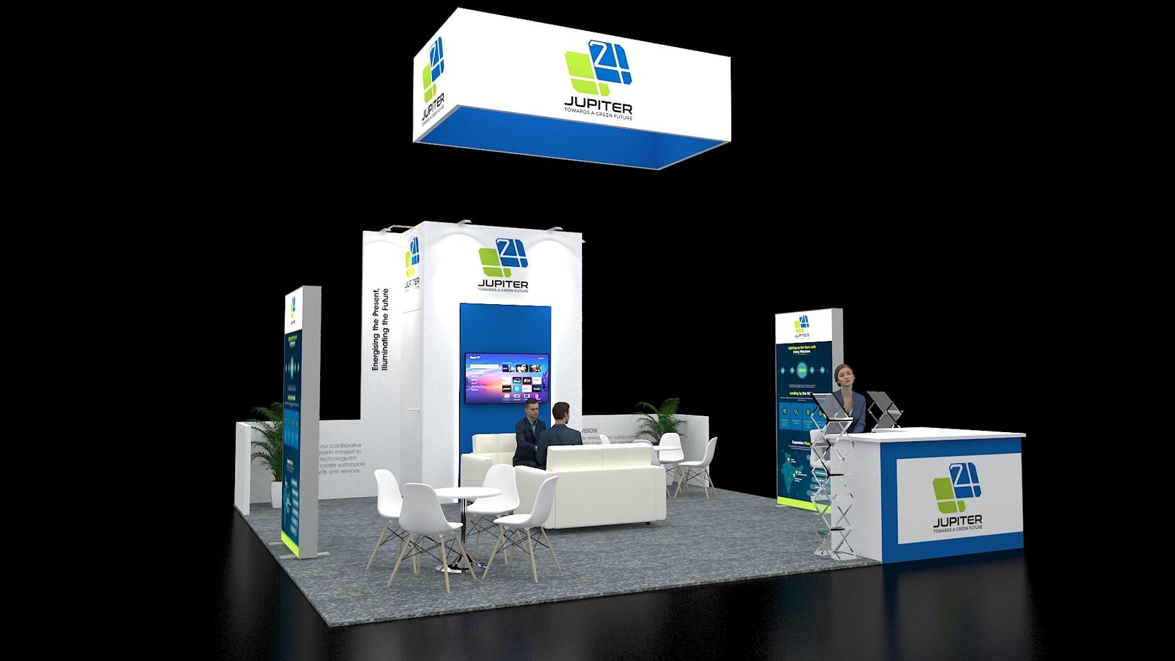 20×20 Island Booth With Hanging Sign and Lounge