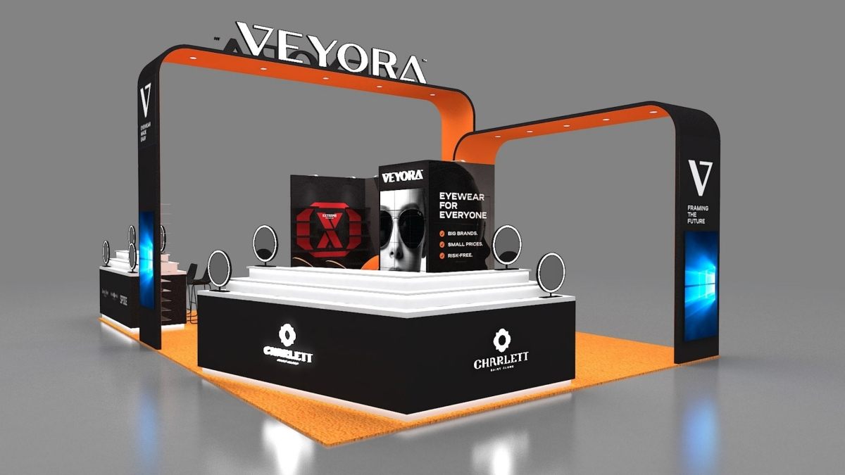 Design render of a 20×20 island trade show booth: island booth with orange arches and mirror display counters