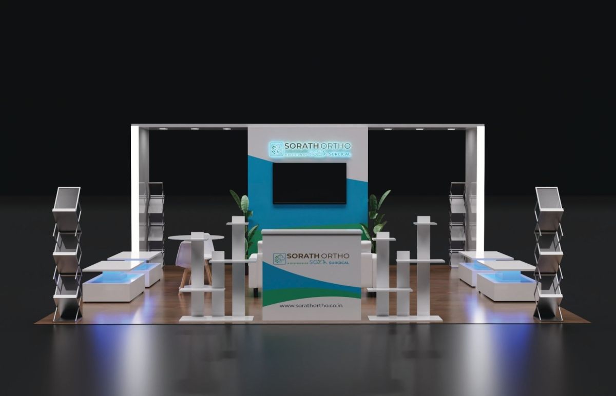 Design render of a 10×20 inline trade show booth: inline booth with overhead header frame and center tv wall