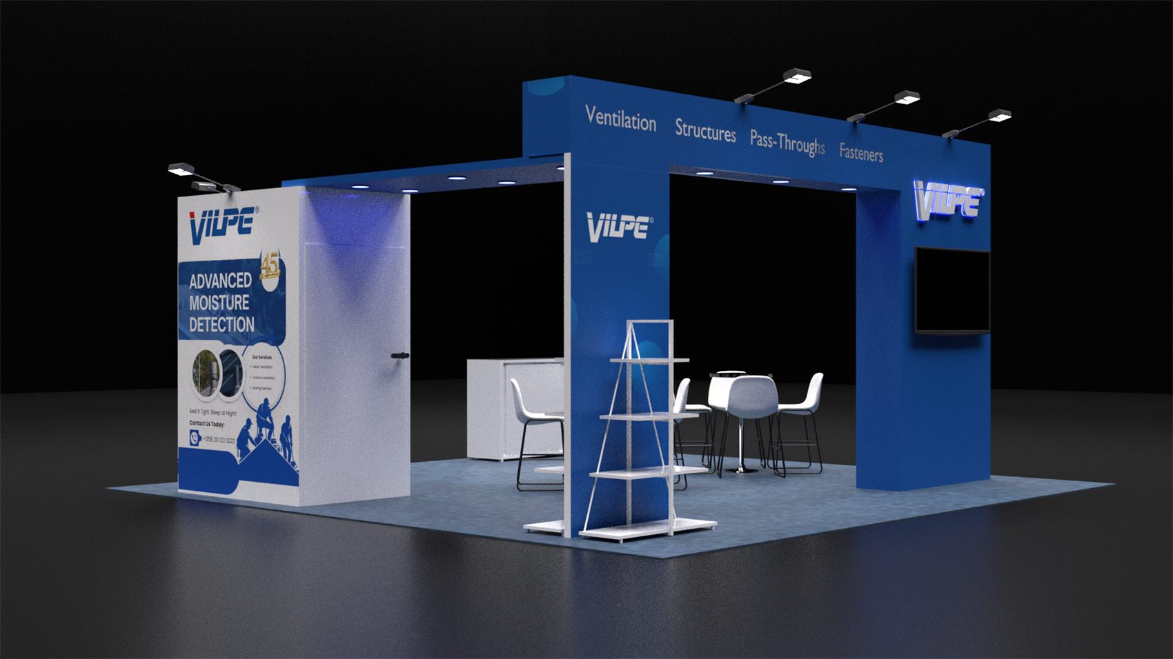 20×20 Island Booth With Overhead Header Frame and Storage Room