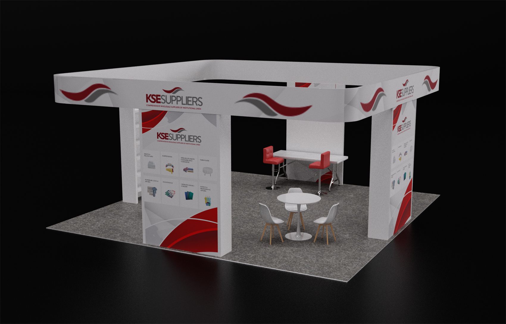 20×20 Island Booth With Overhead Ring Header and Graphic Tower Walls