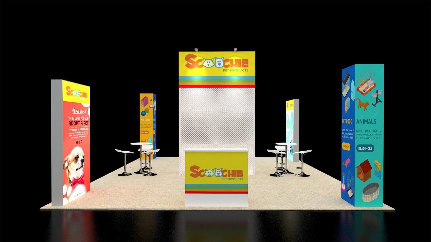 20×20 Island Booth With Pegboard Center Wall and Lightbox Towers