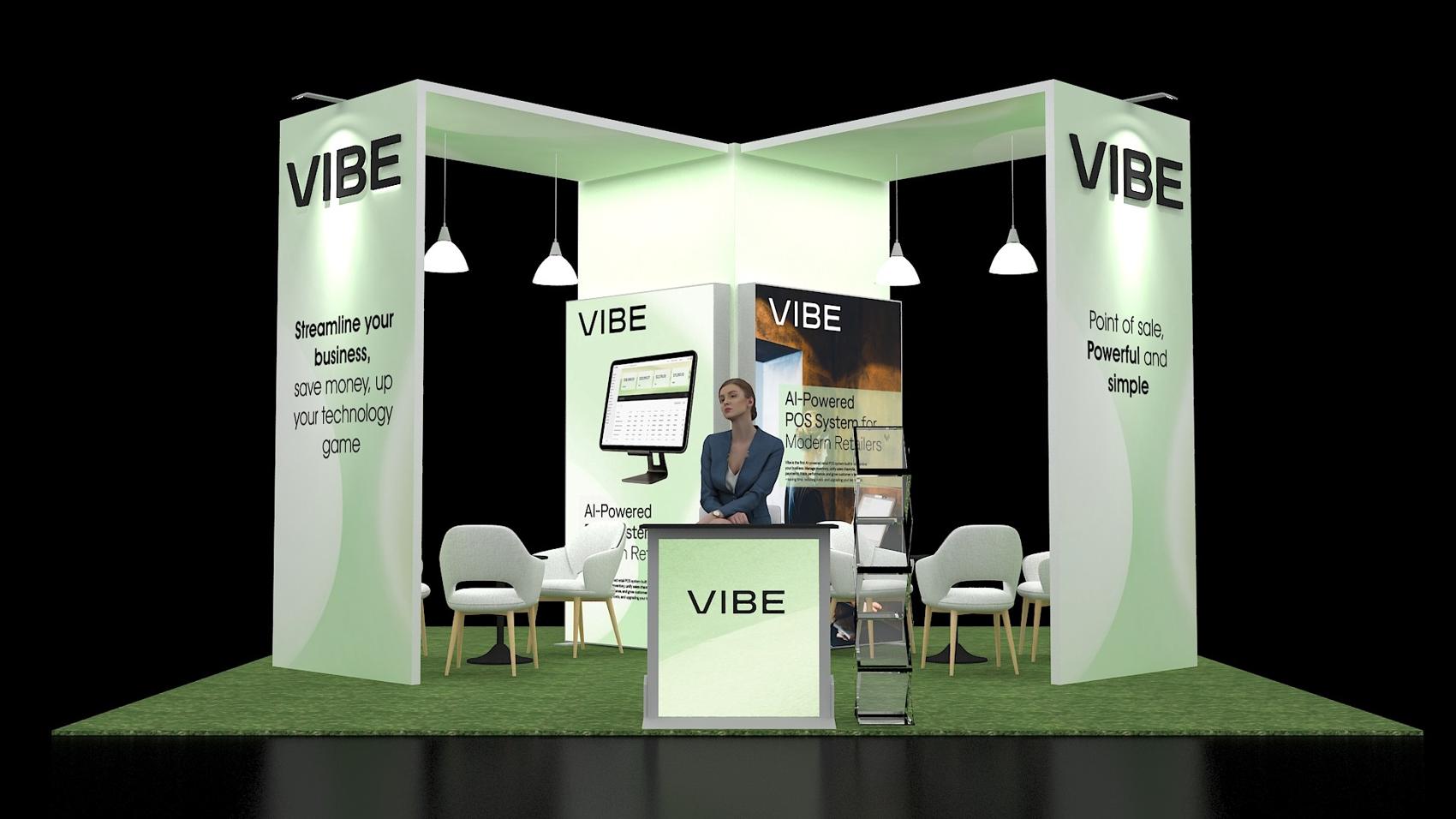 20×20 Island Booth With Pendant Lights and Lightboxes