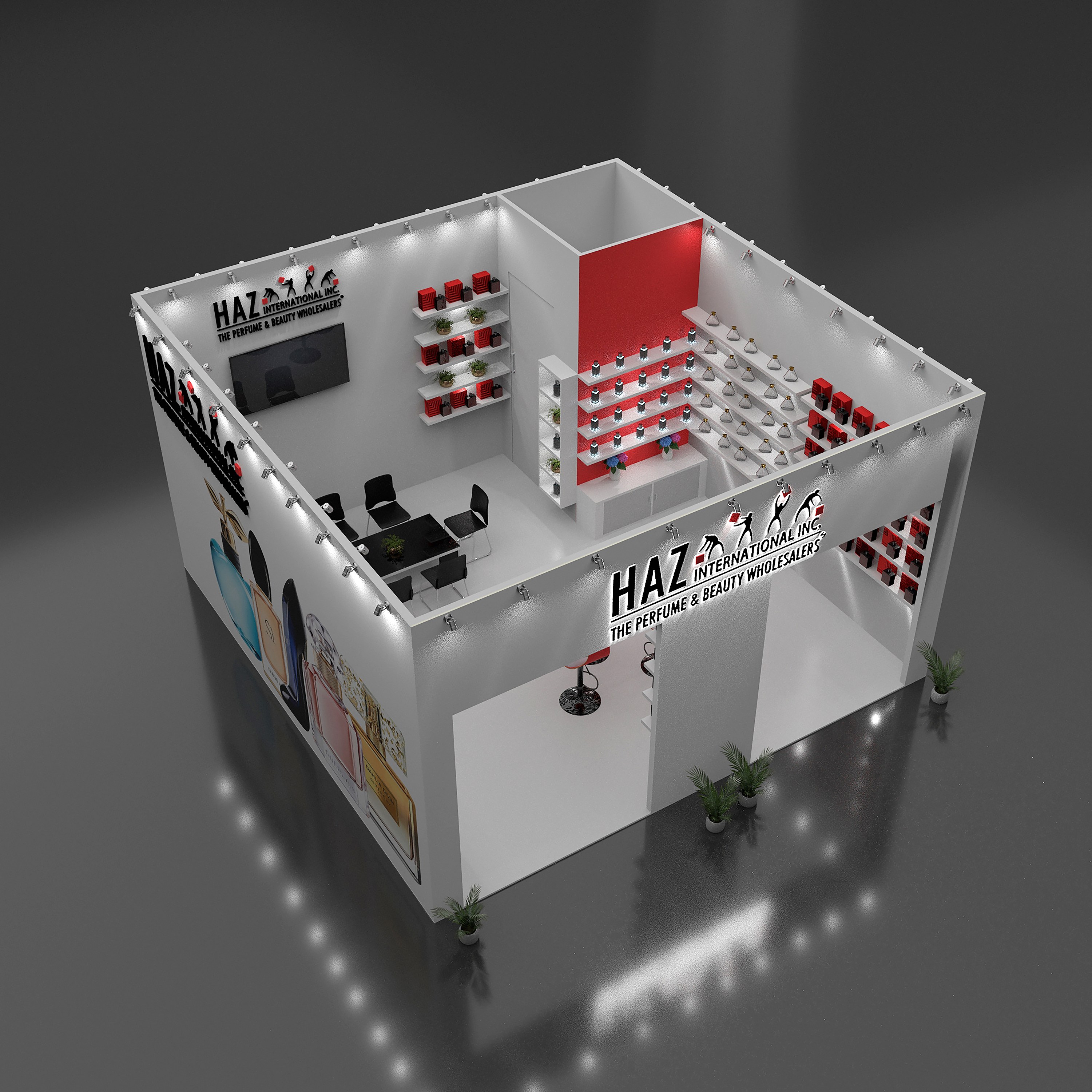 Design render of a 20×20 island trade show booth: island booth with perfume shelving and storage room