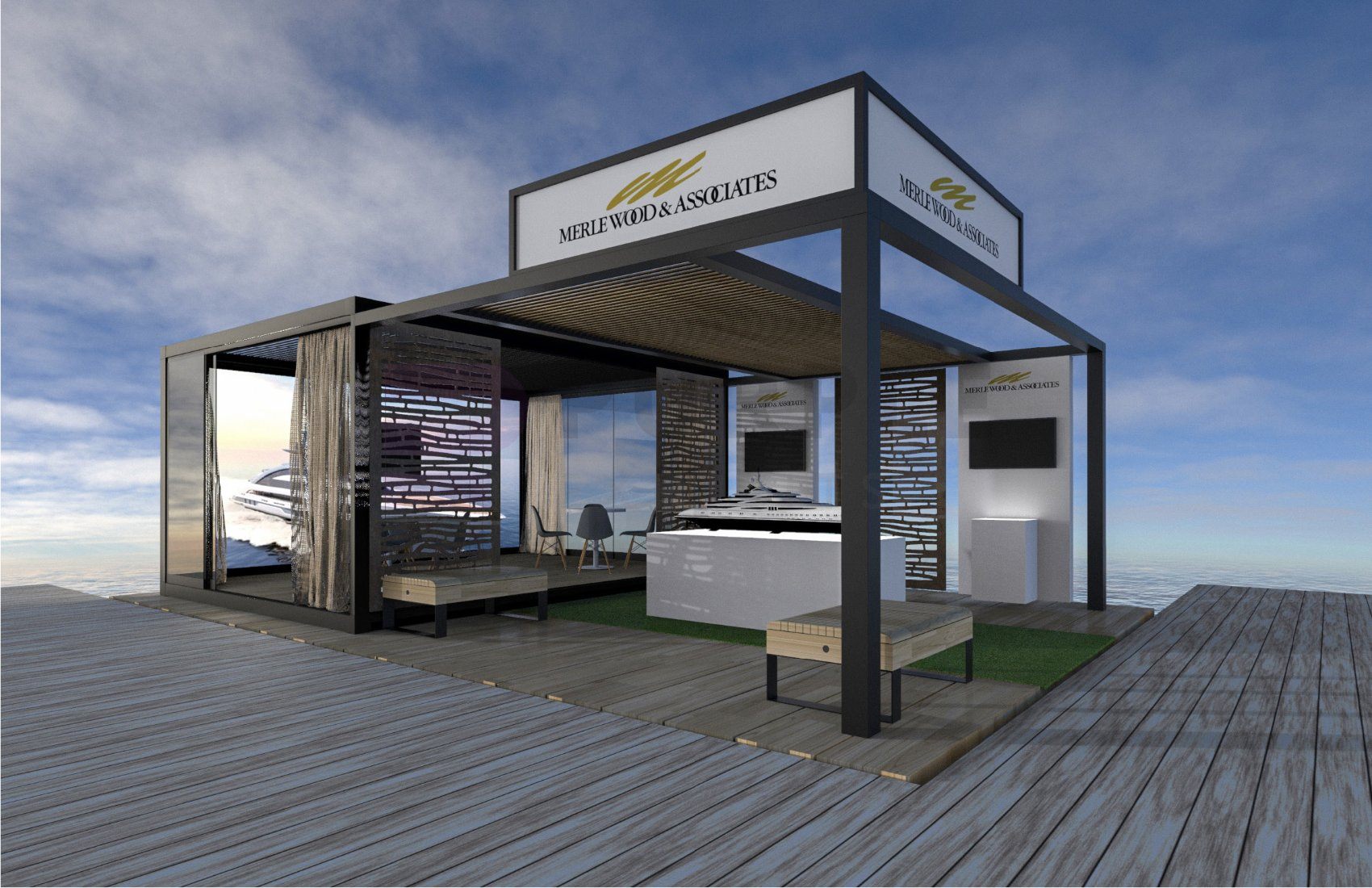 Design render of a 20×20 island trade show booth: island booth with pergola roof and open lounge deck