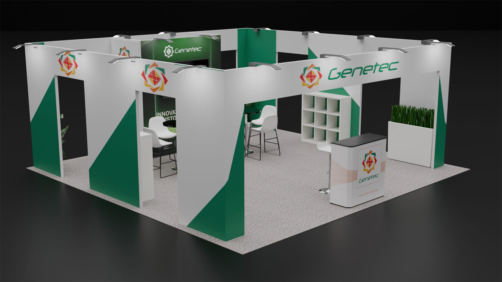 20×20 Island Booth With Perimeter Portal Frame and Enclosed Meeting Rooms