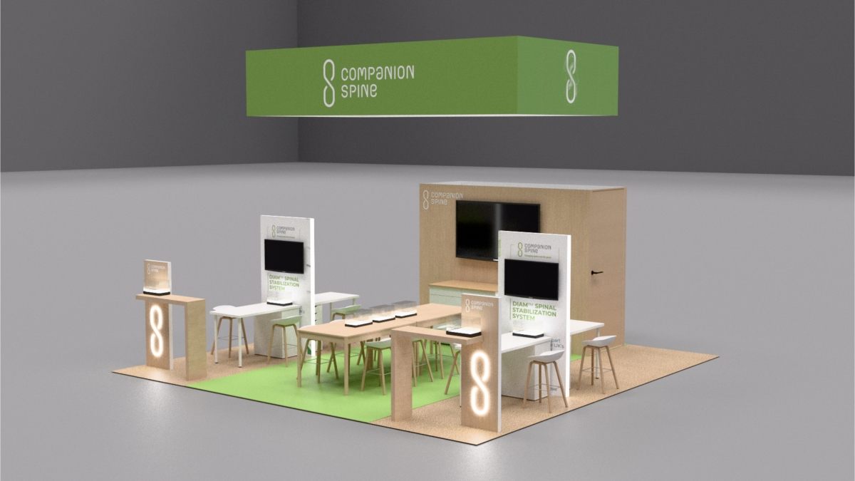 Design render of a 20×20 island trade show booth: island booth with rectangular hanging sign and backlit wooden towers